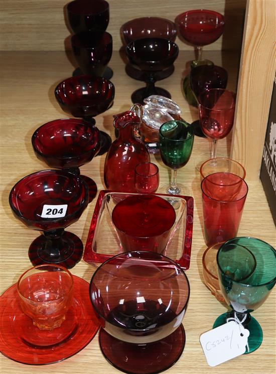 A collection of ruby, cranberry and other coloured glassware